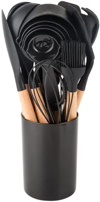 Image de Set de 33 ustensiles de cuisine en silicone avec manche en bois, noir