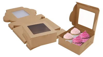 Produktbild von Belle Vous Braune Kraftpapier - Geschenkbox mit Deckel & Sichtfenster (50 Stk) -15,2 x 15,5 x 6,3 cm - Einwegverpackungsboxen - Box für Kekse, Cupcake