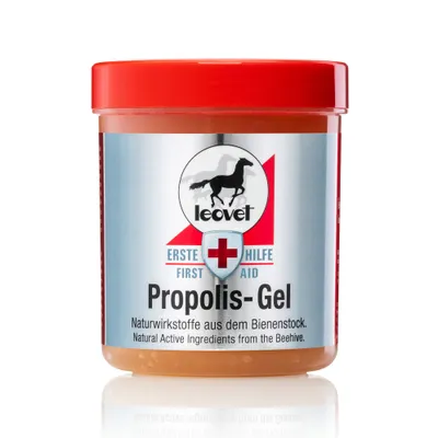 A jar of leovet Propolis-Gel with a label showing a horse silhouette and first aid symbols.