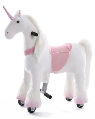 Immagine prodotto di Vrooomy Unicorno su ruote – Cavallo a dondolo per bambini (4–6 anni) – Cavallo meccanico con funzione di galoppo e sterzo – Cavallo a dondolo in peluche per interni ed esterni – Rosa