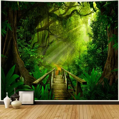 Imagen del producto de Tapiz de pared natural con diseño de bosque, 150 x 150 cm