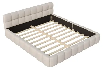 Immagine prodotto di Letto imbottito - Letto matrimoniale - 140 x 200 cm - Testiera imbottita - Struttura a listelli - Rivestimento in lino - Design moderno - Beige