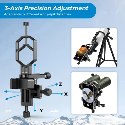 Obrázek produktu pro APEXEL APL-F003 Univerzální držák telefonu pro telefony s teleskopem, digiscopingový adaptér, 3-osý kovový držák telefonu pro teleskopy, dalekohledy, monokuláry, mikroskopy, max. 2,36" okulár