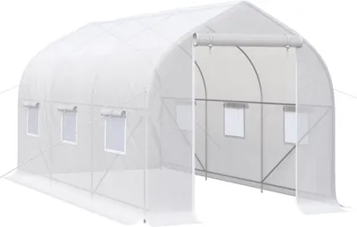 Produktbild von Outsunny Gartengewächshaus, 4 x 2 x 2 m, Tunneltyp, mit 6 atmungsaktiven Fenstern und Rolltür mit Reißverschluss, Garten für den Anbau von Pflanzen, Gemüse, Weiß