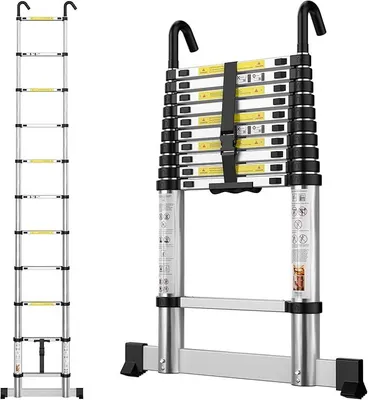 Imagen del producto de Escalera telescópica de aluminio de 3,19 metros, con estabilizador y ganchos desmontables