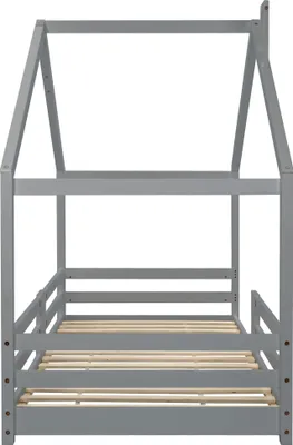 Image de Lit d'enfant, 90 x 200 cm, lit simple en pin, lit en forme de maison avec barrière de sécurité, sommier à lattes avec barrière, lit en bois massif, lit pour adolescent