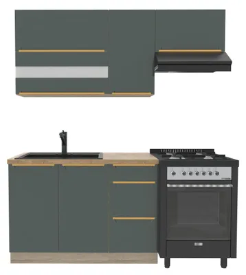 Produktbild von Küchenzeile 180 cm - GLAMOUR E - Mit Arbeitsplatte Lancelot Eiche - Dunkelgrüne Küche - Singleküche - Goldene Griffe - Metallbox Schubladen