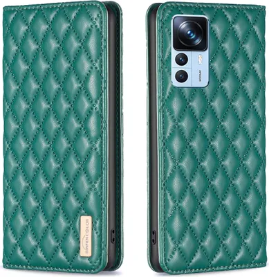 A product image showing a green flip-style phone case with a quilted pattern, displayed from two angles.