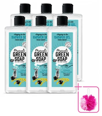 Imagen del producto de 6 unidades de gel de ducha "Marcel's Green Soap" con aroma a mimosa y grosella negra, 300 ml cada uno. Paquete económico