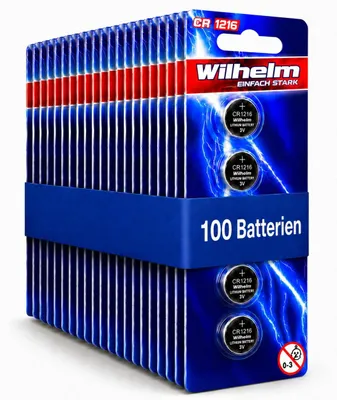 Produktbild von 100 x CR1216 WILHELM Lithium Knopfzelle 3V 26 mAh ø12 x 1,6 mm Batterie DL1216