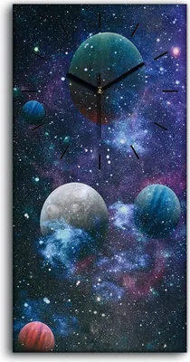 Produktbild von Wandbild Leinwand Bilder mit Uhr 30x60 Gemälde Galaxie Universum Planeten - schwarze Hände
