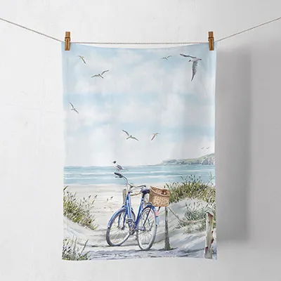 Produktbild von Küchentuch Baumwolle 50x70cm mit Fahrrad & Strand Motiv Blau / Beige
