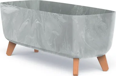 A planter with a marble-like gray finish and wooden legs, shown against a white background.