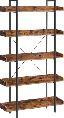 A freestanding, five-shelf bookcase with a rustic brown wood finish and black metal frame.