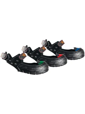 Three black safety overshoes with different colored accents are displayed against a white background.