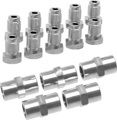 A collection of metal fittings, likely for automotive brake lines, arranged in two rows against a white background.