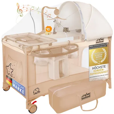 Produktbild von all Kids United Kinder Reisebett Deluxe Beige – faltbar, mit Wickelauflage, Mobile & Tragetasche