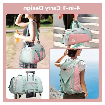 Produktbild von Sporttasche mit Schuhfach und Nassfach für Damen, 40L Reisetasche und Rucksack in Rosa und Grün
