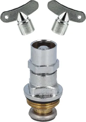 A product shot of plumbing fittings and keys on a white background.