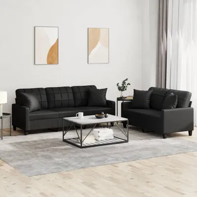 Produktbild von Möbel 2-tlg. Sofagarnitur mit Kissen Schwarz Kunstleder - Klassische Sofas 3201388