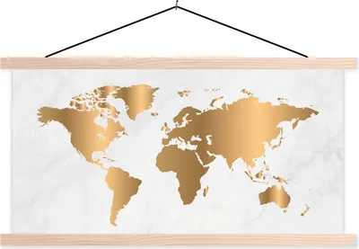 Produktbild von MuchoWow® Textilposter Weltkarte - Gold - Marmor 60x30 cm mit holzfarbenen Rahmen - Dekoration