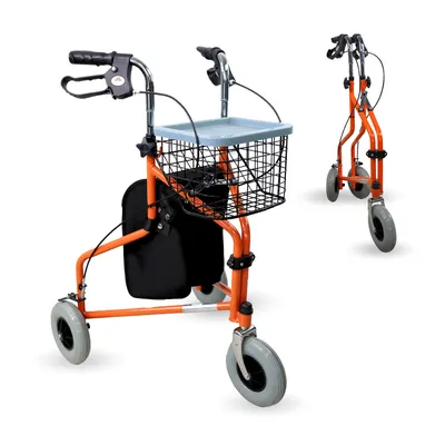 Obrázok produktu pre Mobiclinic, Rollator, Caleta, Fatlbar, Chodítko s 3 kolieskami, Oceľové, Nastaviteľné, Taška na prenášanie košíka, Oranžová