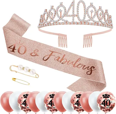 Productafbeelding van 40ste Verjaardag Decoratie Sjerp en Tiara - Geschenken Voor Vrouwen Met 12 Roségouden Ballonnen Confetti - Gelukkige 40e