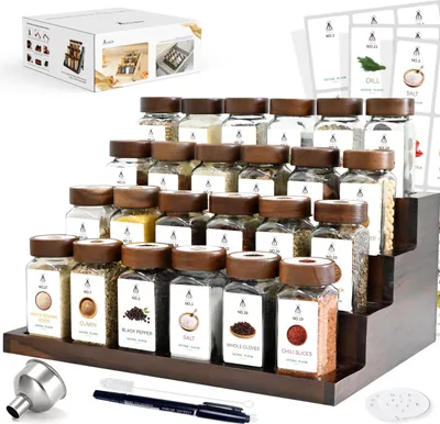Image de Ensemble de pots à épices - 24 pots de 120 ml - Rangement 2 en 1 avec support pour épices - 120 étiquettes - Boîtes de rangement sans BPA - Bois de rose