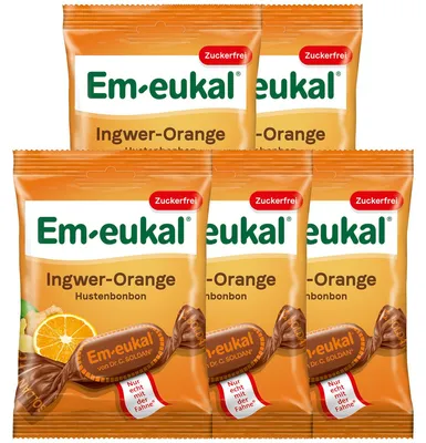 Immagine prodotto di Em eukal pastiglie per la tosse zenzero arancia fruttato senza zucchero 75g confezione da 5