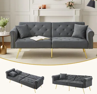 Produktbild von Sweiko Modernes 2-Sitzer-Schlafsofa – Samtbezug, Rückenlehne mit 3-stufiger Verstellung & vergoldete Metallfüße Stilvolles Sofa mit Schlaffunktion – platzsparend, belastbar, ideal für kleine Räume