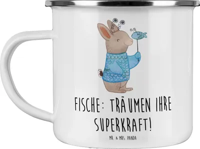 Produktbild von Mr. & Mrs. Panda Emaille Tasse Fische Kraft - Weiß - Geschenk, Wasserzeichen, Sternzeichen, Kaffeepott, Tierkreiszeichen, becher, Teetasse, Geschenke, Astrologie, Kreativ