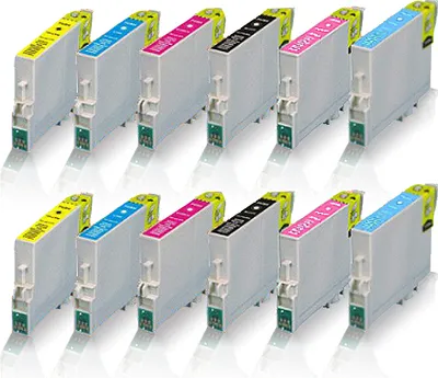 A set of ink cartridges arranged in two rows.