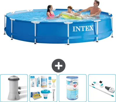 Produktbild von Intex Rundrahmen-Schwimmbecken – 366 x 76 cm – Blau – inklusive Pumpe Wartungspaket - Filter - Staubsauger