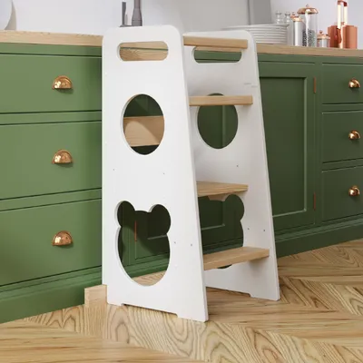 Produktbild von Lernturm für Kinder, Neues Modell - Teddybär, Learning Tower aus Holz, Montessori Küchenhelfer, Lernturm ab 1 Jahr, Weiß