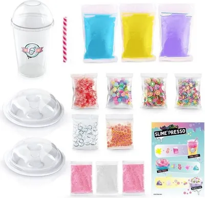 A collection of items for making slime, including a cup, straw, various colored powders, and decorative elements, laid out on a white background.
