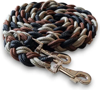 Produktbild von Hundeleine Doppelleine Umhängeleine Robust 2,3m 3-fach verstellbar 18mm geflochten handgefertigt schwarz-braun-khaki