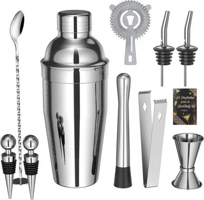 Immagine prodotto di Set di accessori da bar in acciaio inossidabile da 10 pezzi, 750 ml, kit per cocktail con ricettario incluso