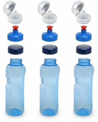 Produktbild von 3x 0,75L Kavodrink Wasserflasche mit Lebensblume Deckel + 3x FlipTop + 3x Push-Pull, KI-generiertes Bild
