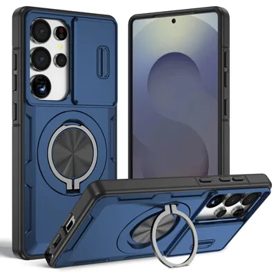 Produktbild von Magnetische Hülle für Samsung Galaxy S25 Ultra, Militär Stoßfest Handyhülle mit Kameraschutz und Ringhalter Ständer Blau