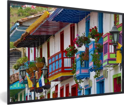 Produktbild von MuchoWow® Gerahmtes Poster Bunte Balkone in Kolumbien 60x40 cm - Poster mit Schwarzem Bilderrahmen Wandposter Rahmen Foto Bilder - Printing - Wanddeko Schlafzimmer