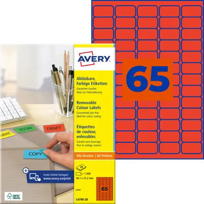 Produktbild von Avery Zweckform L4790-20, Farbige Etiketten, ablösbar, A4, 38,1 x 21,2 mm, 1.300 Etiketten / 20 Bögen, rot