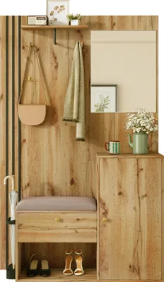Produktbild von Garderobenset, Kompaktgarderobe, Flurgarderobe mit Spiegel und Kissen, mit schwarzer Zierleiste und Schirmablage, Wohnwand, Regal, Flur- und Dielengarderobe, Schuhschrank, (B x H x T): 115 x 185 x 37