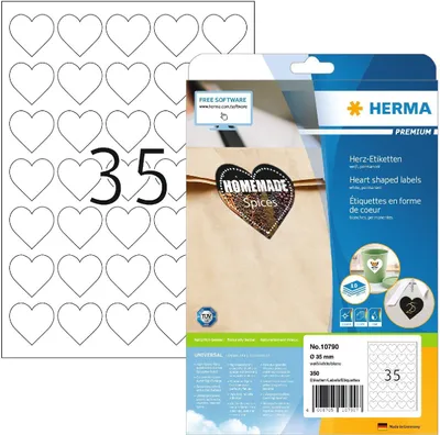 Image de HERMA 10790 PREMIUM étiquettes cœur A4, Ø 35 mm, blanc, adhésif permanent