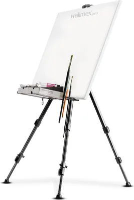 Produktbild von Walimex Aluminium Staffelei, höhenverstellbar 50-165 cm für Leinwände bis 122 cm Höhe (max. 4 cm Dicke, 6 kg), inkl. Transporttasche & Ablage, 3 Beine, 1.06 kg, rutschfeste Gummifüße