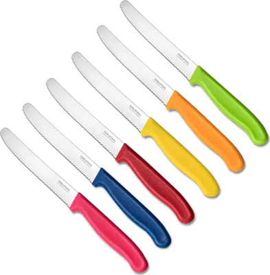 Produktbild von NEUSTANLO | Tafelmesser aus rostfreiem Stahl | 6 Stück | Bunt | extra scharfer Wellenschliff | ideales Brötchenmesser, Tomatenmesser für den Frühstückstisch
