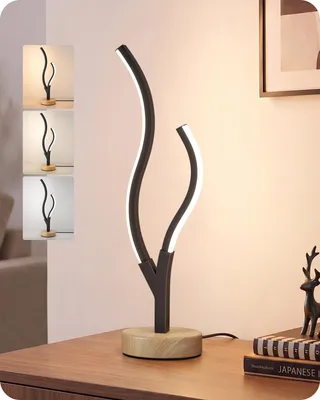 Produktbild von EDISHINE LED Tischlampe, Geschwungenes Design, Dimmbar, Schwarz & Holzoptik stufenlos dimmbar, 3 Farbtemperaturen, Touch- & Speicherfunktion