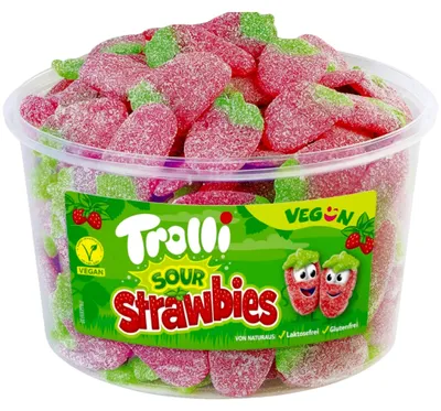Productafbeelding van Trolli Sour Strawbies, 150 stuks, veganistisch, fruitig-zuur, verpakking van 1320g
