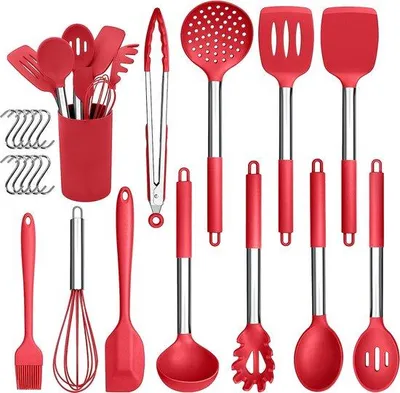 Immagine prodotto di Set di 22 accessori da cucina in silicone Unyqoos®, resistenti al calore fino a 230 °C, con manici in acciaio inossidabile, adatti all'uso con le padelle, include un supporto per la conservazione e 10 ganci, colore rosso