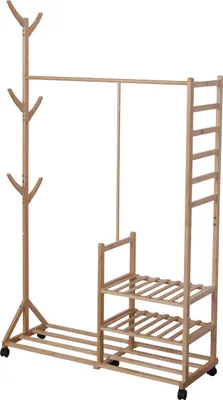 Produktbild von Relaxdays Kleiderständer, Bambus, 4 Ablagen, Kleiderstange, 6 Haken, HxBxT: 176 x 100 x 38 cm, Rollgarderobe, natur
