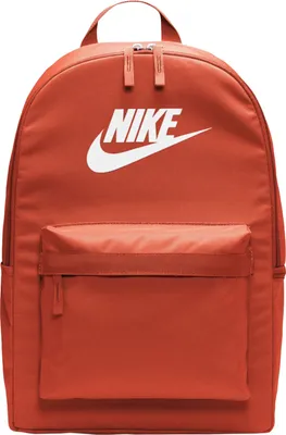 A front view of an orange Nike backpack.